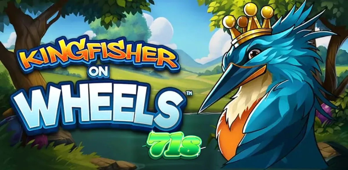 Kingfisher on Wheels slot machine interface com o martim-pescador coroado e a Roda da Fortuna.